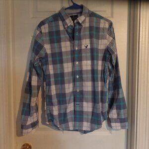 American Eagle Outfitters Mens Long Sleeve Shirt XS Classic Fit Blue Plaid